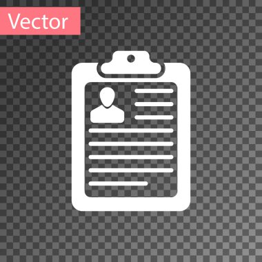 Beyaz pano üzerinde şeffaf arka plan izole özgeçmiş ve adam siluet simge ile. CV uygulama. Özgeçmiş, iş başvuru formu profil fotoğraf konsepti ile. Vektör çizim