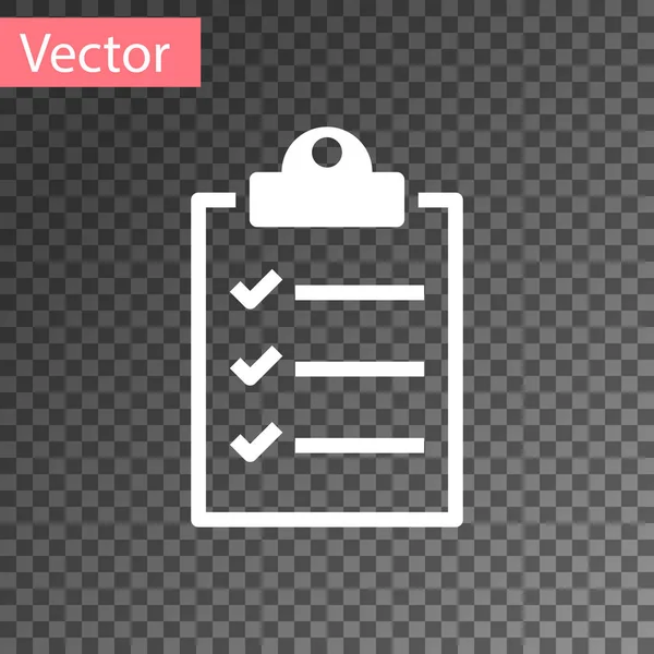 Weiße Zwischenablage mit Checklisten-Symbol isoliert auf transparentem Hintergrund. Vektorillustration — Stockvektor