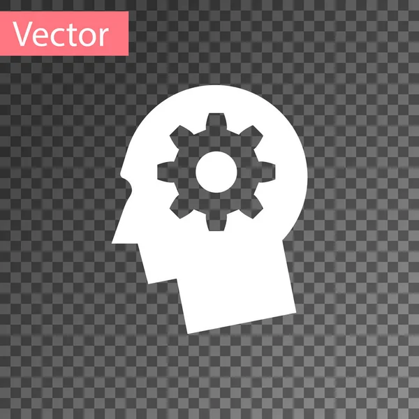 Cabeça humana branca com engrenagem dentro ícone isolado em fundo transparente. Inteligência artificial. A pensar no sinal do cérebro. Trabalho simbólico do cérebro. Ilustração vetorial —  Vetores de Stock