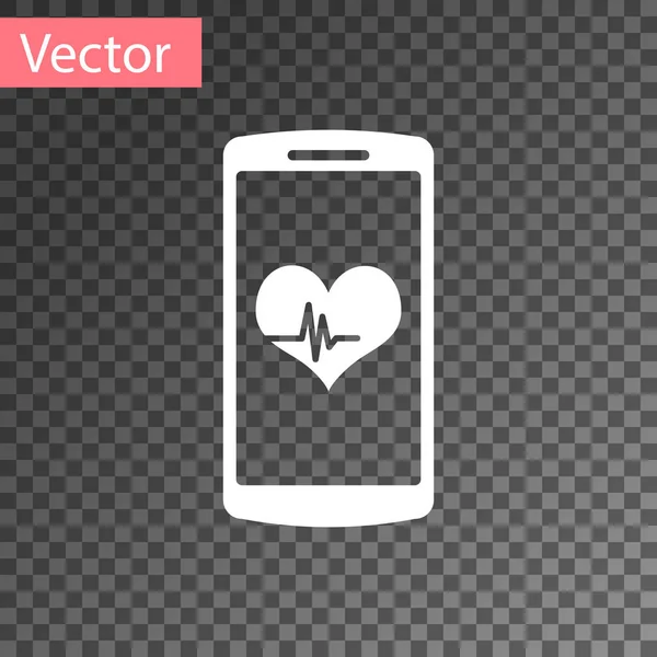 Белый смартфон с значком функции монитора частоты сердечных сокращений изолирован на прозрачном фоне. Векторная миграция — стоковый вектор