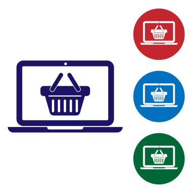Alışveriş sepeti ekran dizüstü bilgisayar simgesini beyaz arka plan üzerinde izole mavi. Konsept e-ticaret, e-iş, online iş pazarlama. Renk simgesi daire düğmeleri ayarlayın. Vektör çizim