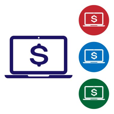 Beyaz arka plan üzerinde izole Doları sembol simge ile mavi Laptop. Online alışveriş kavramı. Ekonomi kavramı. Renk simgesi daire düğmeleri ayarlayın. Vektör çizim