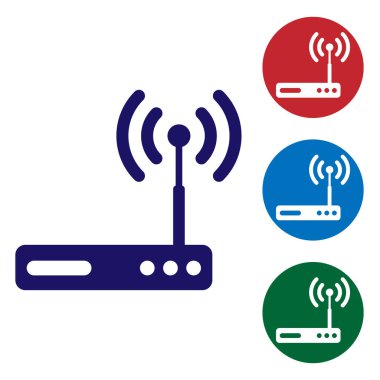 Yönlendirici ve kablosuz sinyal simgesi simgesi beyaz arka plan üzerinde izole mavi. Kablosuz ethernet modem router. Bilgisayar teknolojisi Internet. Renk simgesi daire düğmeleri ayarlayın. Vektör çizim