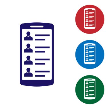 Mavi Smartphone ekran simgesini beyaz arka plan üzerinde izole kişilerle. Gelen arama. İnsanlar telefon ekranında. Kişiyi ara. Renk simgesi daire düğmeleri ayarlayın. Vektör çizim