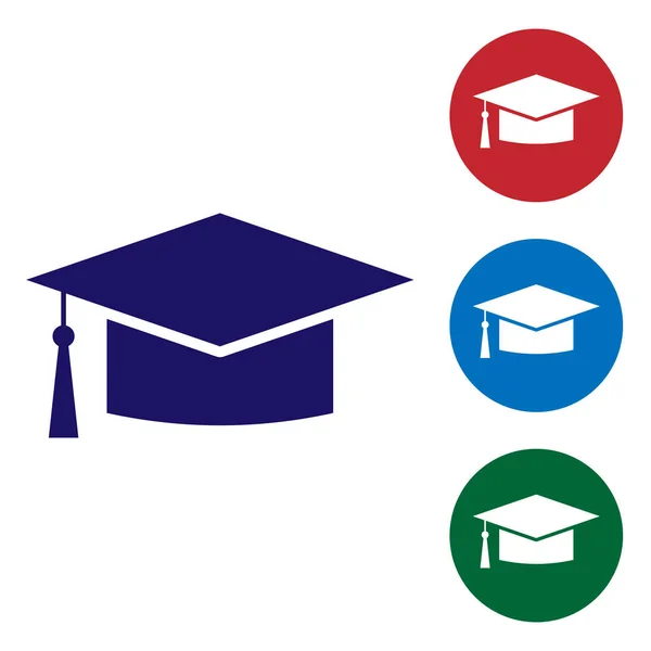 Blue Graduation cap icon isolated on white background. Graduation hat with tassel icon. Set color icon in circle buttons. Vector Illustration Royalty Free Stock Vectors