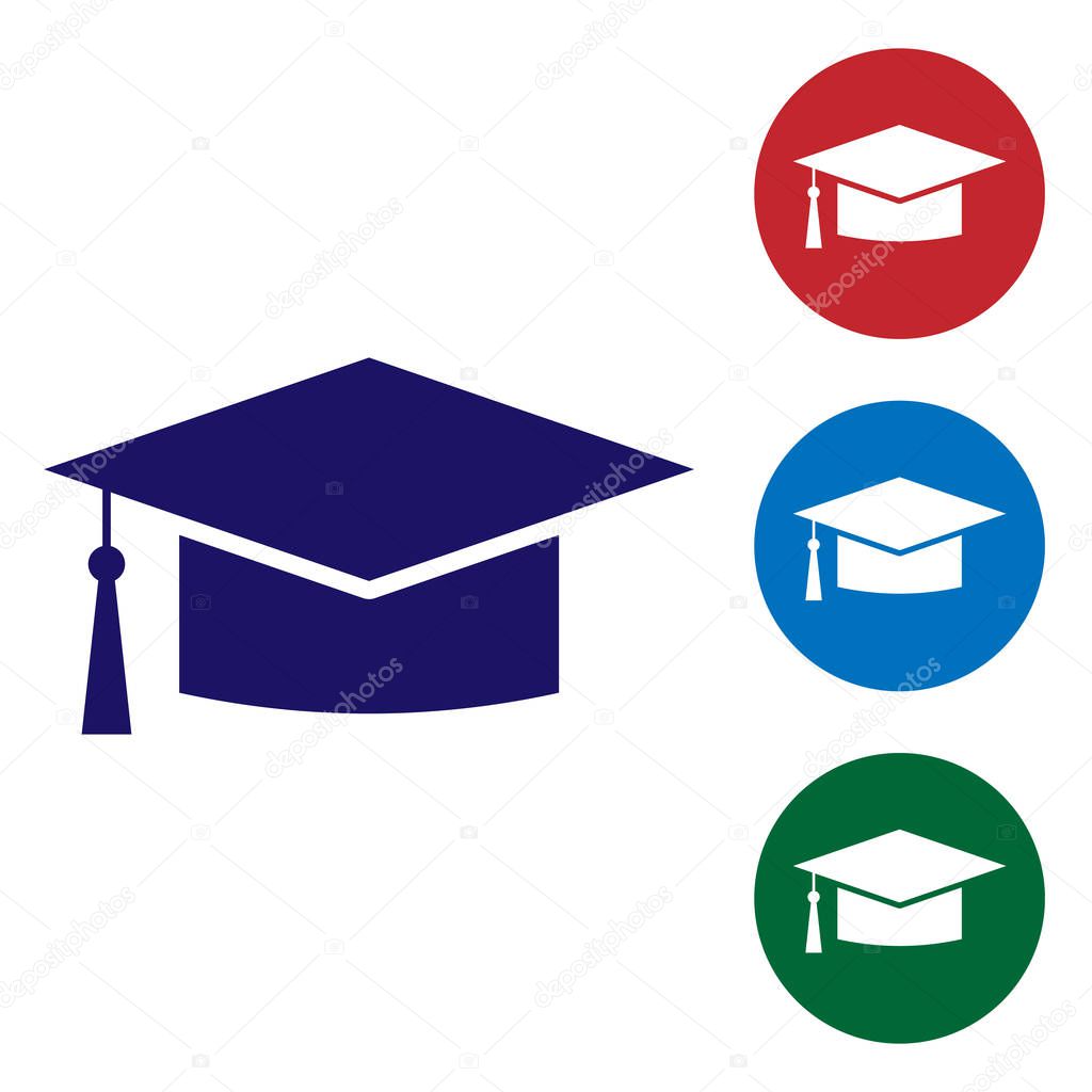 Blue Graduation cap icon isolated on white background. Graduation hat with tassel icon. Set color icon in circle buttons. Vector Illustration