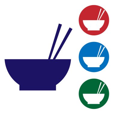 Asya gıda ve yemek çubukları siluet simge beyaz arka plan üzerinde izole çifti ile mavi kase. Hazırlayın, Doğu diyet kavramı. Renk simgesi daire düğmeleri ayarlayın. Vektör çizim