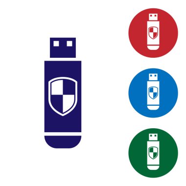 Mavi Usb birden parlamak götürmek ve koruma simgesi beyaz arka plan üzerinde izole kalkan. Renk simgesi daire düğmeleri ayarlayın. Vektör çizim