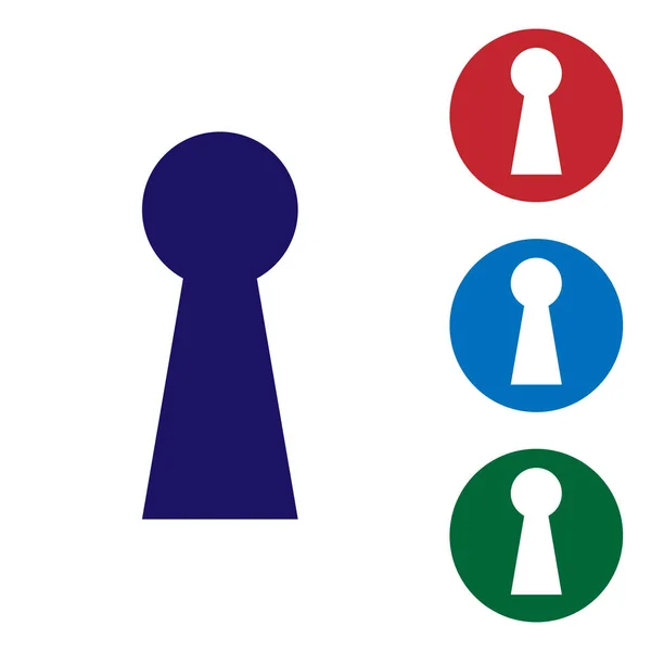 Modrá ikona Keyhole izolovaných na bílém pozadí. Klíčem úspěchu řešení. Klíčovou dírkou vyjádřit koncept hádanku, tajemství, nakouknutí, bezpečnost, bezpečnost. Nastavit ikonu barvy v kruhu tlačítek. Vektorové ilustrace — Stockový vektor
