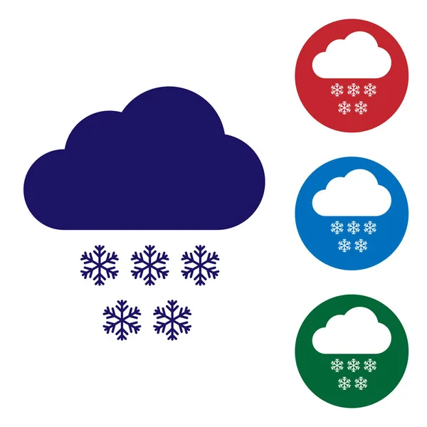 Blue Cloud with snow icon isolated on white background. Cloud with snowflakes. Single weather icon. Snowing sign. Set color icon in circle buttons. Vector Illustration