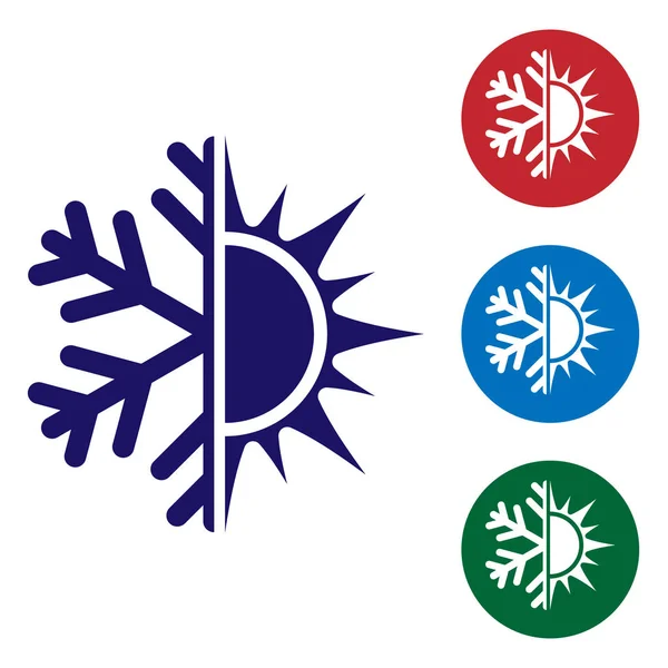Μπλε ζεστό και κρύο σύμβολο. Εικονίδιο ήλιου και νιφάδα χιονιού που απομονώνονται σε λευκό φόντο. Σύμβολο του χειμώνα και το καλοκαίρι. Ορίστε εικονίδιο χρώματος στα κουμπιά κύκλο. Εικονογράφηση διάνυσμα — Διανυσματικό Αρχείο