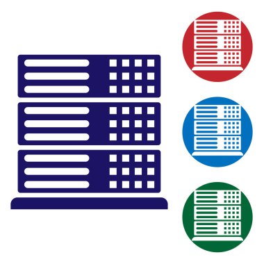 Sunucu, veri, Web Hosting simgesi beyaz arka plan üzerinde izole mavi. Renk simgesi daire düğmeleri ayarlayın. Vektör çizim