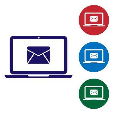 Mavi Laptop zarf ve beyaz arka plan üzerinde izole ekran simgesini açık e-posta ile. E-posta pazarlama, internet reklam kavramları. Renk simgesi daire düğmeleri ayarlayın. Vektör çizim