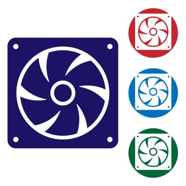 Beyaz arka plan üzerinde izole mavi bilgisayar soğutucu kutsal kişilerin resmi. PC donanım fan. Renk simgesi daire düğmeleri ayarlayın. Vektör çizim