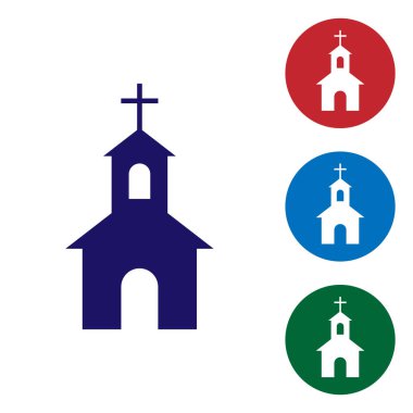 Beyaz arka plan üzerinde izole mavi kilise bina simgesi. Christian Church. Kilise dinin. Renk simgesi daire düğmeleri ayarlayın. Vektör çizim