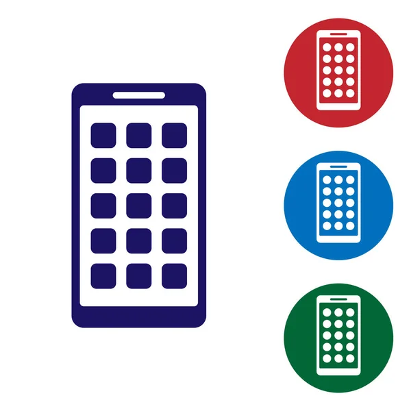 Blue Mobile Apps ícone isolado no fundo branco. Smartphone com ícones de tela, aplicativos. telefone celular mostrando tela. Ilustração vetorial —  Vetores de Stock