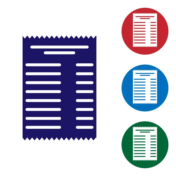 Blauer Papierscheck und Finanzscheck-Symbol isoliert auf weißem Hintergrund. Papierscheck, Kaufbeleg oder Rechnung. Vektorillustration — Stockvektor