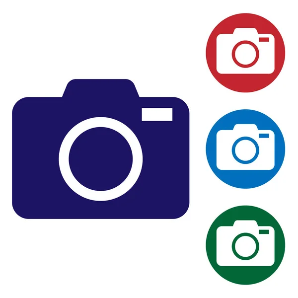 Icono de la cámara fotográfica azul aislado sobre fondo blanco. Icono de cámara fotográfica. Ilustración vectorial — Vector de stock