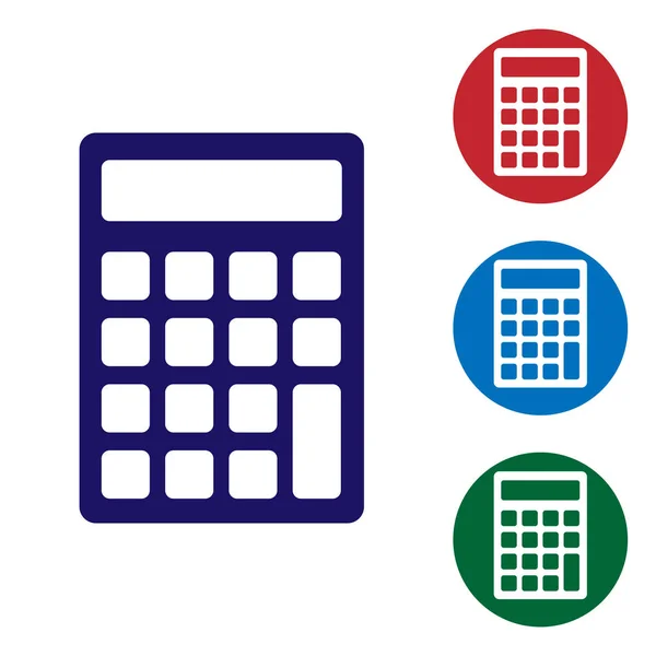 Icona calcolatrice blu isolata su sfondo bianco. Simbolo contabile. Calcoli aziendali educazione matematica e finanza. Illustrazione vettoriale — Vettoriale Stock