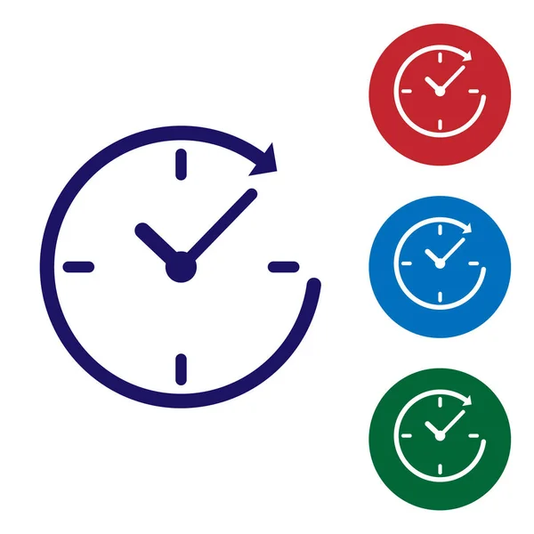Relógio azul com ícone de seta isolado no fundo branco. Símbolo temporal. Seta de ícone de rotação no sentido horário e tempo. Ilustração vetorial —  Vetores de Stock