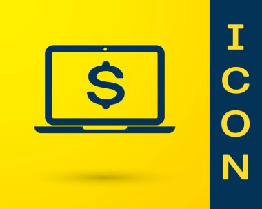 Mavi Laptop üzerinde sarı arka plan izole Doları sembol simge ile. Online alışveriş kavramı. Ekonomi kavramı. Vektör çizim
