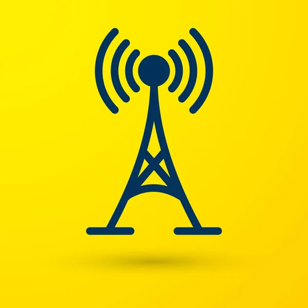 Blue Antenna icon isolated on yellow background. Radio antenna wireless. Technology and network signal radio antenna. Vector Illustration — Stock Vector