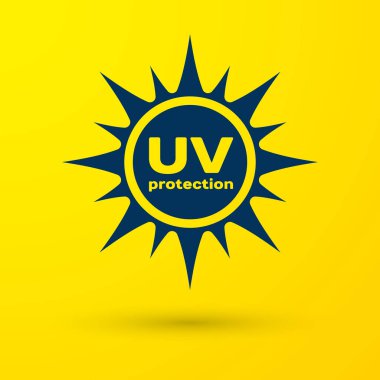 Sarı arka plan üzerinde izole mavi Uv koruma kutsal kişilerin resmi. Ultra mor ışınları radyasyon. SPF Paz Üye. Vektör çizim