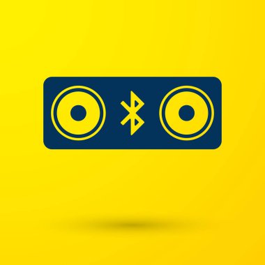 Sarı arka plan üzerinde izole mavi Bluetooth sözcü kutsal kişilerin resmi. Bluetooth stereo pikap sözcü. Vektör çizim