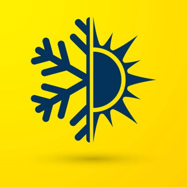 Mavi sıcak ve soğuk sembolü. Güneş ve kar tanesi simgesi üzerinde sarı arka plan izole. Kış ve yaz sembolü. Vektör çizim