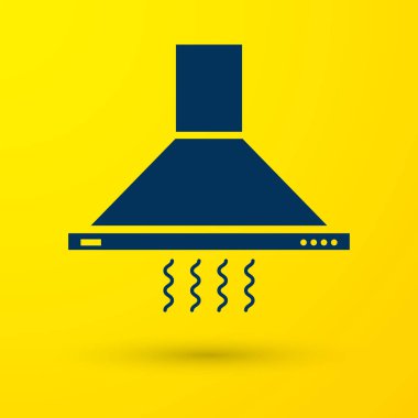 Sarı arka plan üzerinde izole mavi mutfak aspiratör fan kutsal kişilerin resmi. Ocak hood. Mutfak egzoz. Ev aleti. Vektör çizim
