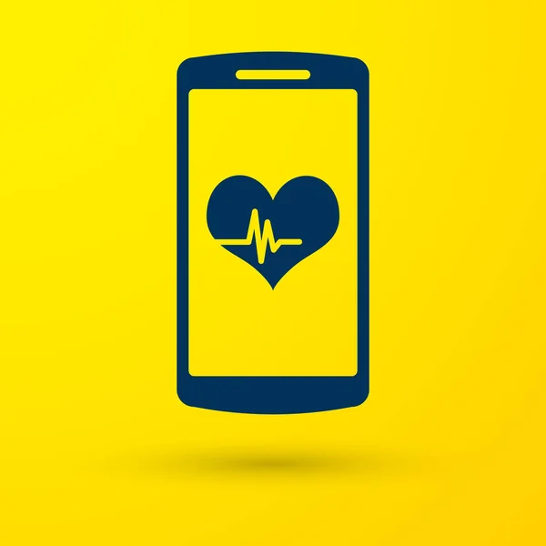 Niebieski Smartphone z ikonę funkcji monitor pracy serca na białym tle na żółtym tle. Ilustracja wektorowa — Wektor stockowy