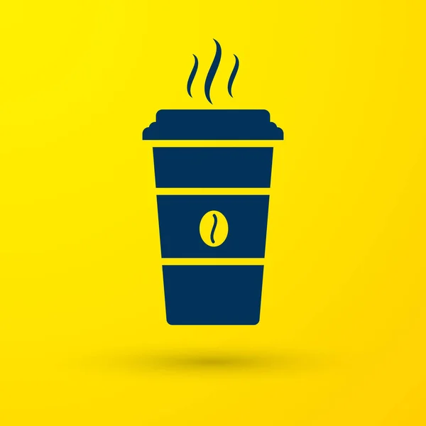 A kávéscsésze kék ikon elszigetelt, a sárga háttéren. Eldobható kávé csésze forró kávéval. Vektoros illusztráció — Stock Vector