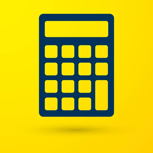 蓝色计算器图标隔离在黄色背景。会计符号。商业计算数学教育和金融。矢量插图 — 图库矢量图片