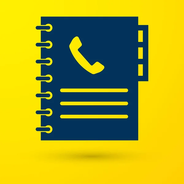 Blue Phone book icon isolated on yellow background. Address book. Telephone directory. Vector Illustration — Stock Vector
