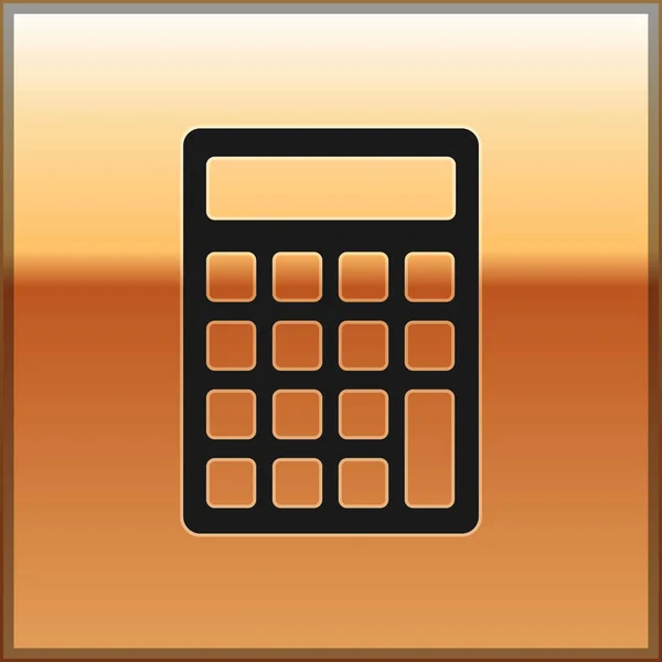 Icono de la calculadora negra aislado sobre fondo dorado. Símbolo contable. Cálculos de negocio matemáticas educación y finanzas. Ilustración vectorial — Vector de stock