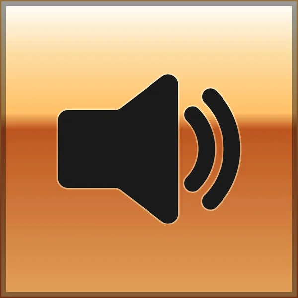 Icono de volumen de altavoz negro: símbolo de sonido de voz de audio, icono de música multimedia aislado sobre fondo dorado. Ilustración vectorial — Vector de stock