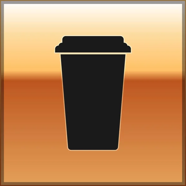 Icono de taza de café negro aislado sobre fondo dorado. taza de café desechable con café caliente. Ilustración vectorial — Vector de stock