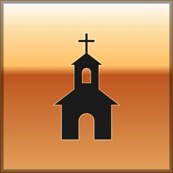 Icono del edificio de la Iglesia Negra aislado sobre fondo dorado. Iglesia Cristiana. Religión de la iglesia. Ilustración vectorial — Vector de stock