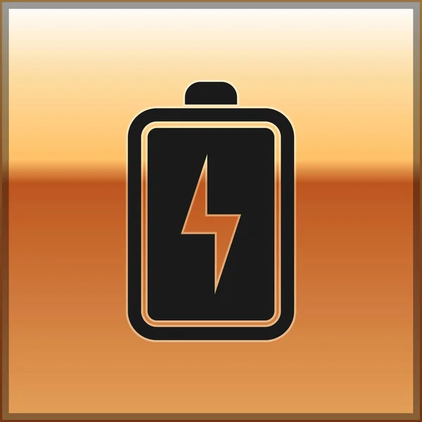 Black Battery icon isolated on gold background. Lightning bolt symbol. Vector Illustration — Stock Vector