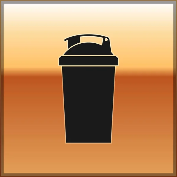 Black Fitness shaker ícone isolado no fundo de ouro. Garrafa de shaker esportivo com tampa para coquetéis de água e proteína. Ilustração vetorial — Vetor de Stock