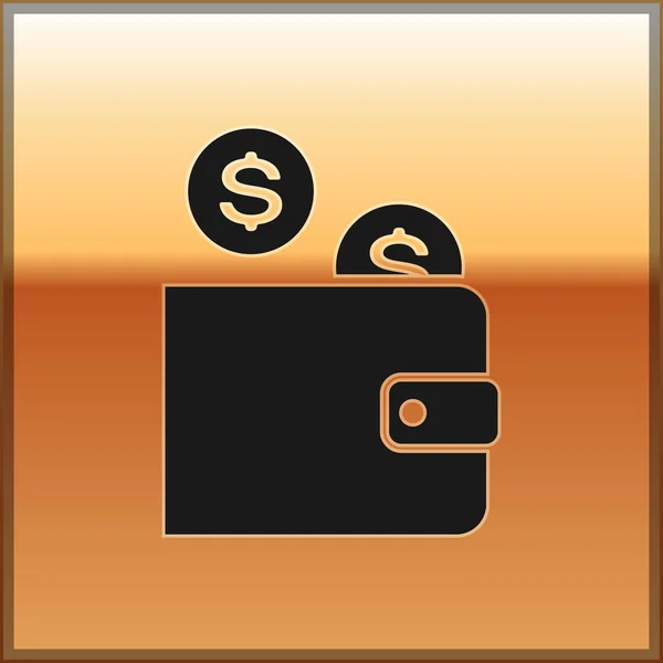 Monedero negro con icono de moneda aislado sobre fondo dorado. Monedero de dinero. Moneda símbolo del dólar. Ilustración vectorial — Vector de stock