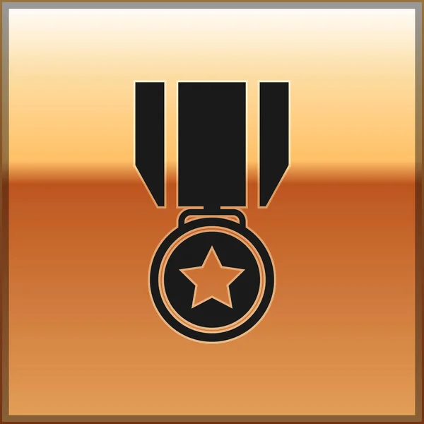 Чорна медаль з зірковою іконою ізольована на золотому фоні. Знак переможця. Нагороджена медаллю. Векторна ілюстрація — стоковий вектор