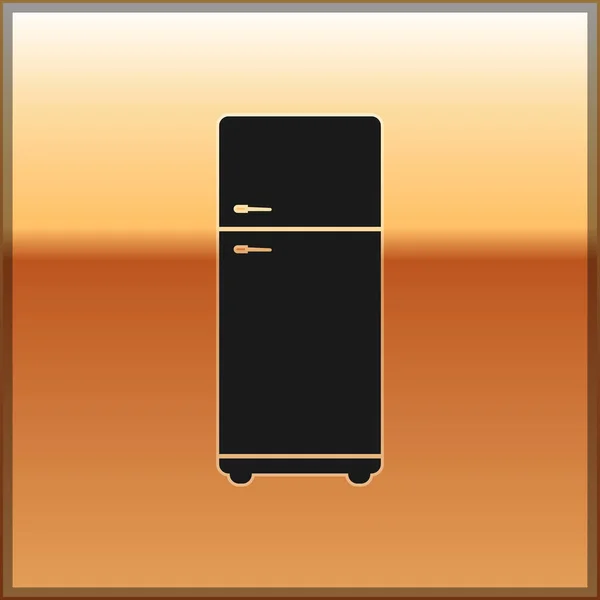 Icono del refrigerador negro aislado sobre fondo dorado. Refrigerador congelador refrigerador. Tecnología y electrodomésticos. Ilustración vectorial — Vector de stock