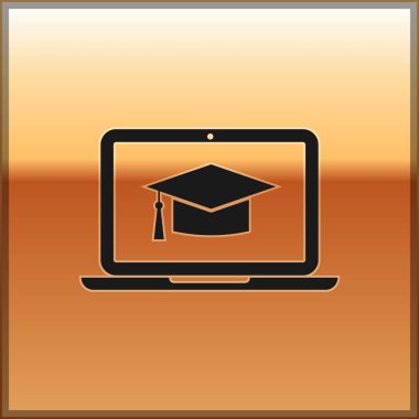 Altın arka plan üzerinde izole ekran dizüstü bilgisayar simgesini siyah mezuniyet kap. Çevrimiçi öğrenme ya da e-öğrenme kavramı. Vektör çizim