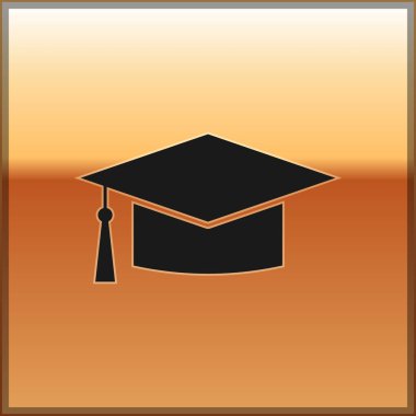 Siyah mezuniyet kap simgesi üzerinde altın arka plan izole. Püskül simgesi ile mezuniyet şapka. Vektör çizim