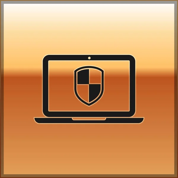 Μαύρο φορητό υπολογιστή προστατεύεται με σύμβολο εικονίδιο ασπίδας που απομονώνονται σε χρυσό φόντο. Έννοια της ασφάλειας στο διαδίκτυο. Ασφάλεια PC, τεχνολογία firewall, ασφάλεια προστασίας προσωπικών δεδομένων. Εικονογράφηση διάνυσμα — Διανυσματικό Αρχείο