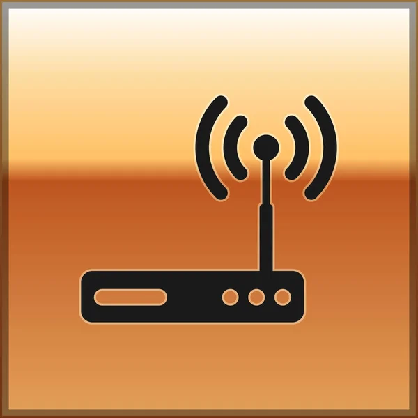 Black Router en wi-fi signaal symboolpictogram geïsoleerd op gouden achtergrond. Draadloze ethernet modemrouter. Computertechnologie internet. Vectorillustratie — Stockvector