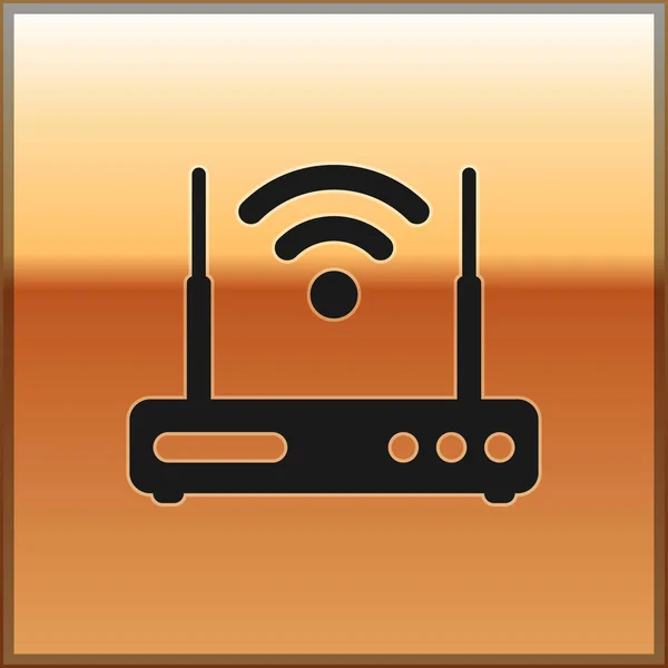 Routeur noir et symbole de signal wi-fi icône isolée sur fond doré. Routeur de modem Ethernet sans fil. Internet informatique. Illustration vectorielle — Image vectorielle