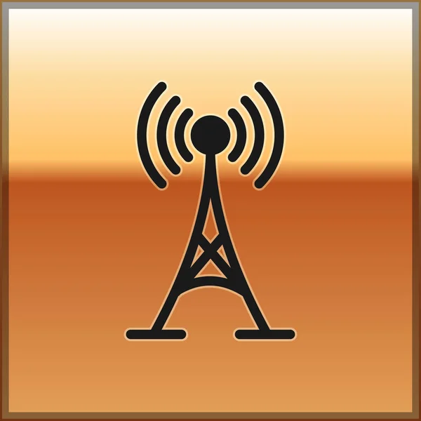 Schwarzes Antennensymbol isoliert auf goldenem Hintergrund. Funkantenne drahtlos. Technologie und Netzwerk-Signalfunkantenne. Vektorillustration — Stockvektor