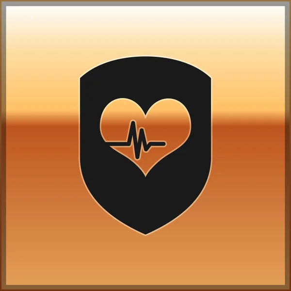Bouclier noir et icône de fréquence cardiaque isolés sur fond doré. Concept de protection de la santé. Soins de santé. Illustration vectorielle — Image vectorielle